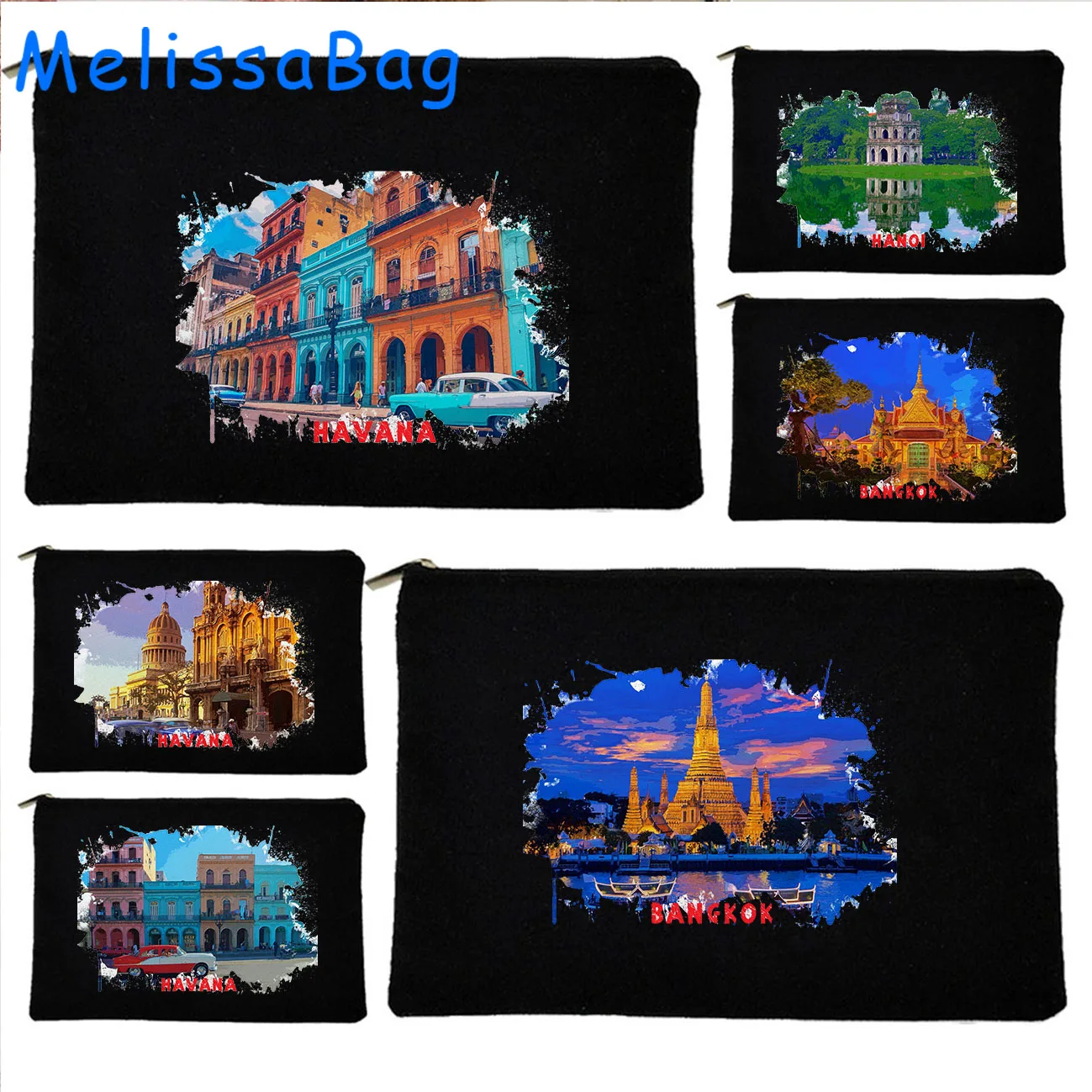Bangkok Thailand Hanoi Vietnam Havana Cuba Watercolor Ink Painting Canvas Cosmetic Makeup Toilet Bags Pencil Case Zipper Pouch
Bangkok Thailand Hanoi Vietnam Havana Cuba Watercolor Ink Painting Canvas Cosmetic Makeup Toilet Bags Pencil Case Zipper Pouch