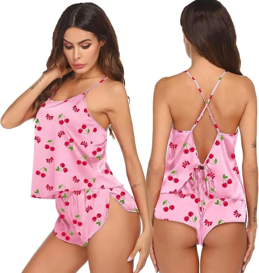 Pink Cherry Print Satin Pajama Set Women Sleeveless Cami Top And Shorts Nightwear
Pink Cherry Print Satin Pajama Set Women Sleeveless Cami Top And Shorts Nightwear