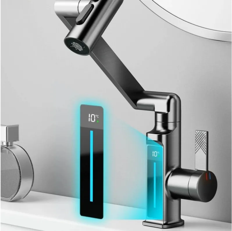 Bathroom basin LED digital display faucet 5 water outlet mode rotatable robotic arm, wash basin gray faucet
Bathroom basin LED digital display faucet 5 water outlet mode rotatable robotic arm, wash basin gray faucet