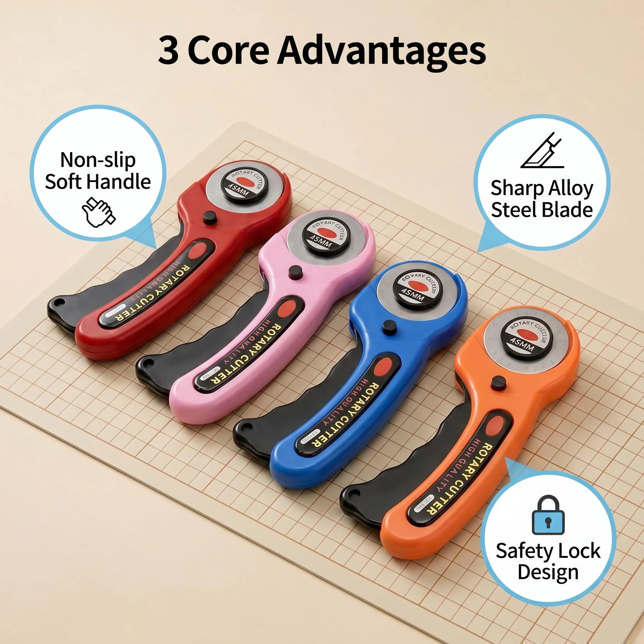 45mm Rotary Cutter for Fabric - Professional Roller Cutter with Ergonomic Grip, Safety Lock, for Leather, Paper & Quilting
45mm Rotary Cutter for Fabric - Professional Roller Cutter with Ergonomic Grip, Safety Lock, for Leather, Paper & Quilting