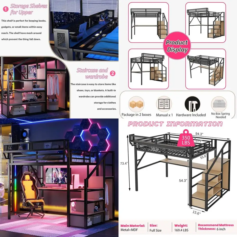 Полноразмерная металлическая кровать-чердак с рабочим столом, лестницей, зарядной станцией и RGB-подсветкой для детей и подростков, черная
Полноразмерная металлическая кровать-чердак с рабочим столом, лестницей, зарядной станцией и RGB-подсветкой для детей и подростков, черная