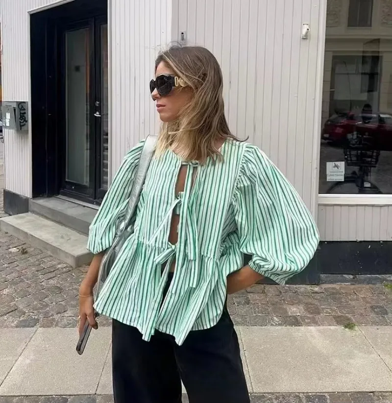 Lace Up Long Sleeves Blouse Women Loose Sprng Summer Blouse Shirt Casual Striped Women Tops
Lace Up Long Sleeves Blouse Women Loose Sprng Summer Blouse Shirt Casual Striped Women Tops