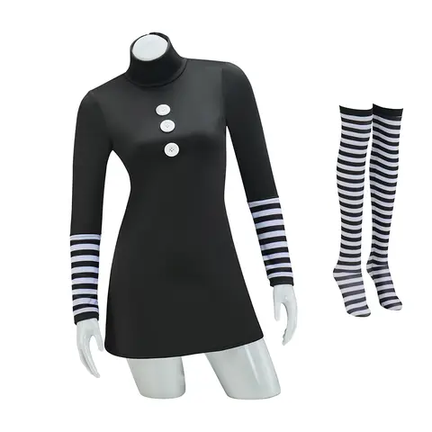 Marionette Cosplay Halloween Costume Dress Outift with Black and White Striped Stockings for Women Adult