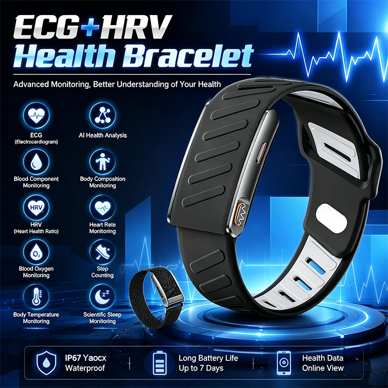 ECG+HRV Health Smart Bracelets Al Health Analysis Sports Mode Temperature Sleep Monitoring Waterproof Screenless Health Bracelet
ECG+HRV Health Smart Bracelets Al Health Analysis Sports Mode Temperature Sleep Monitoring Waterproof Screenless Health Bracelet