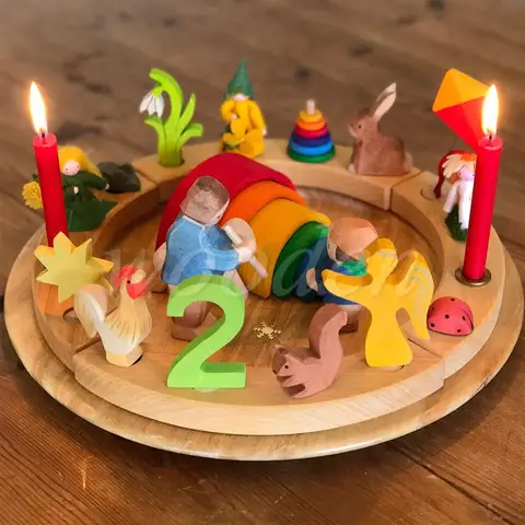 Candle Holder Wooden Toys Decorations Kids Montessori Waldorf Birthday Celebration Ring Figures Doll Flower Animal Number Decor