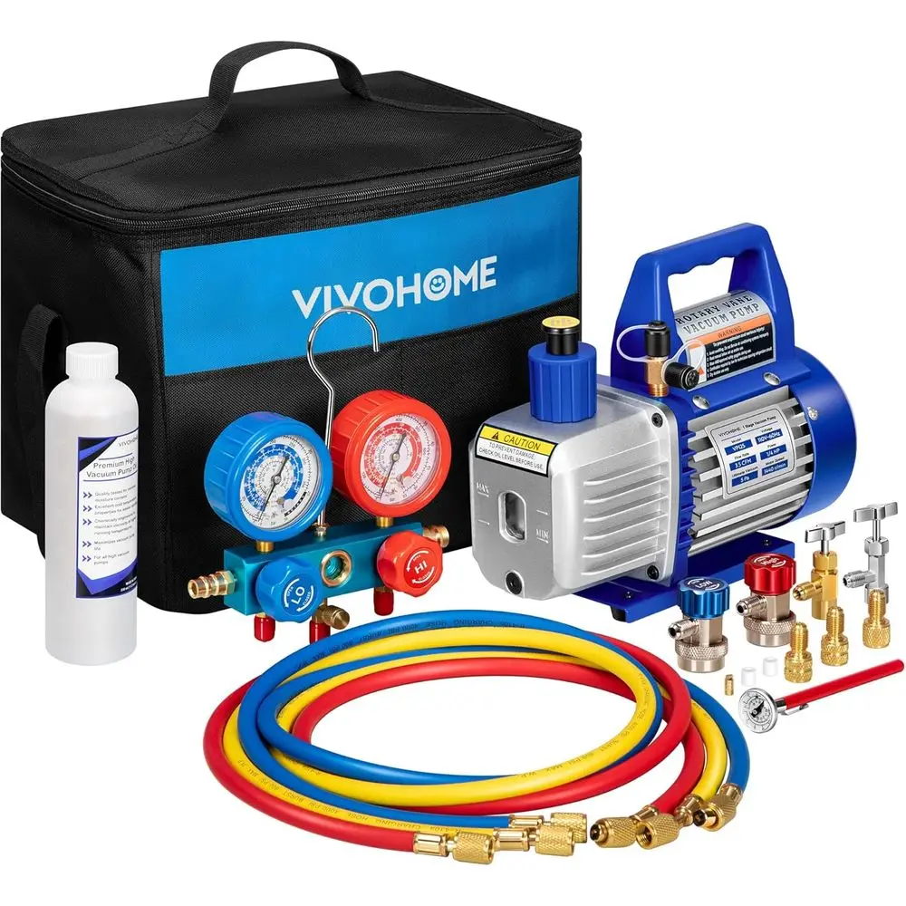 110V 1/4 HP Single Stage Rotary Vane Air Vacuum Pump with AC Manifold Gauge Kit and Thermometer for HVAC Refrigerant Recharging
110V 1/4 HP Single Stage Rotary Vane Air Vacuum Pump with AC Manifold Gauge Kit and Thermometer for HVAC Refrigerant Recharging