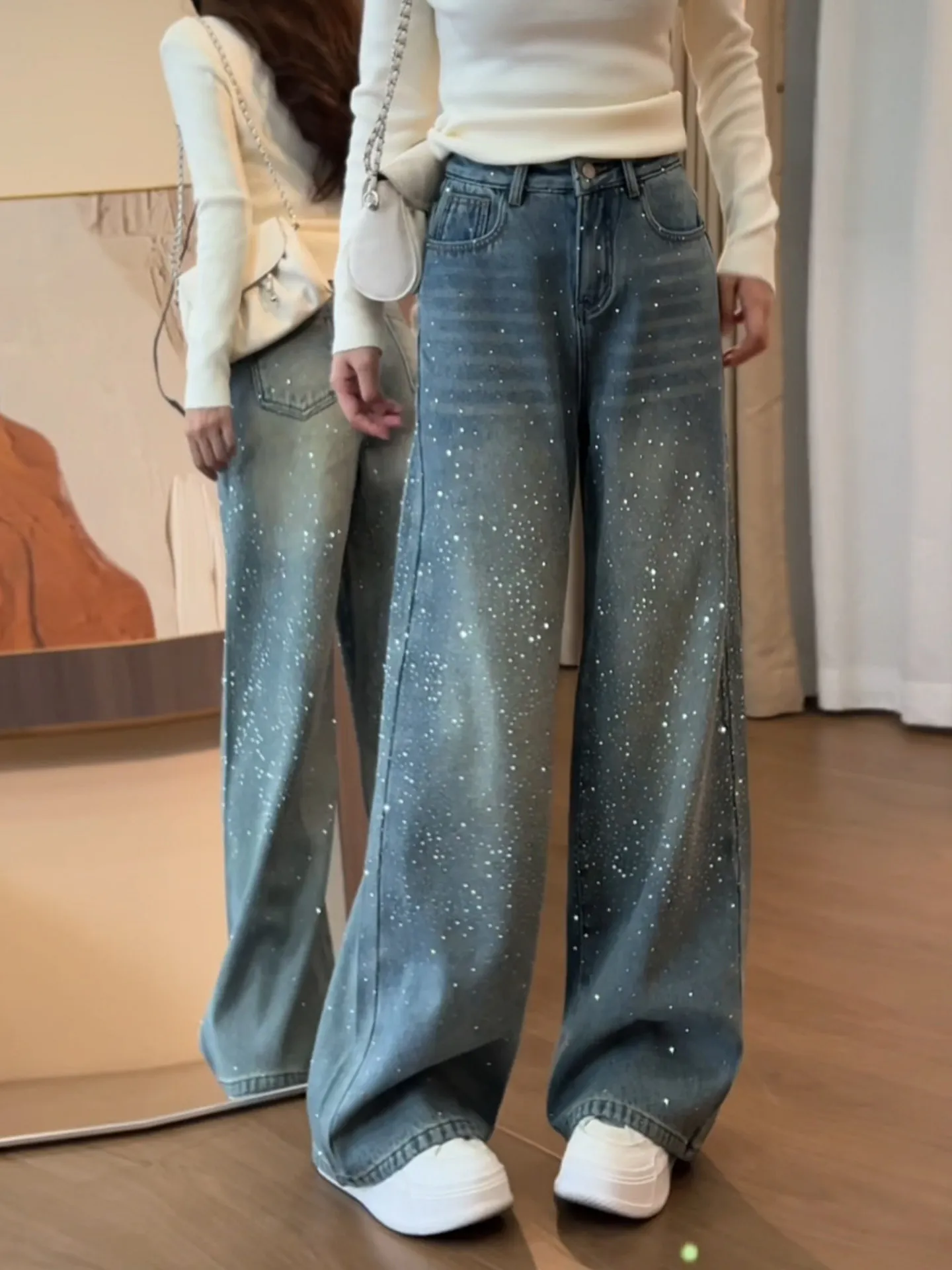 Blue Wide Leg Straight Cut Jeans Women's Spring New Large Size Fitting Loose Slimming High Waist Denim Pants Glitter Star
Blue Wide Leg Straight Cut Jeans Women's Spring New Large Size Fitting Loose Slimming High Waist Denim Pants Glitter Star