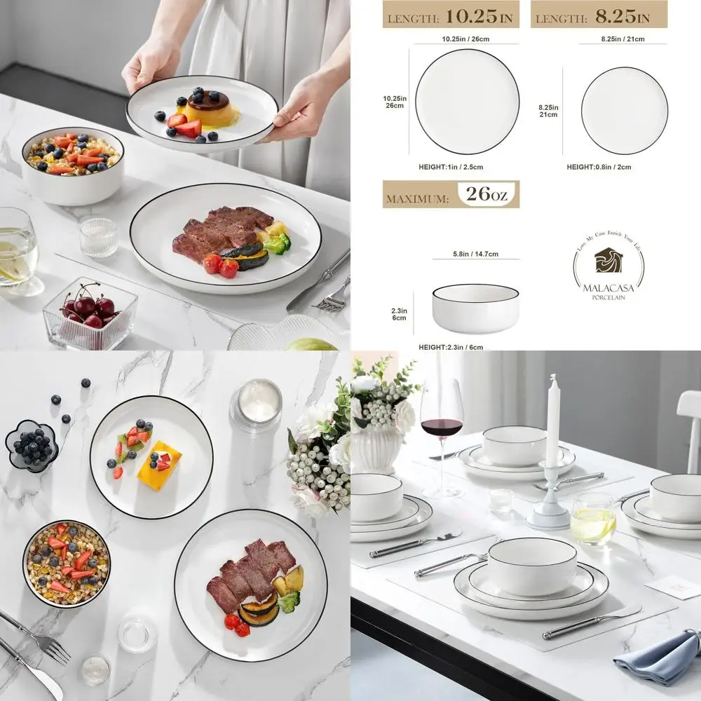 Современный фарфоровый набор посуды из 12 предметов с черными ободками на тарелках и мисках, подходит для использования в микроволновой печи и посудомоечной машине, серия LUNA
Современный фарфоровый набор посуды из 12 предметов с черными ободками на тарелках и мисках, подходит для использования в микроволновой печи и посудомоечной машине, серия LUNA