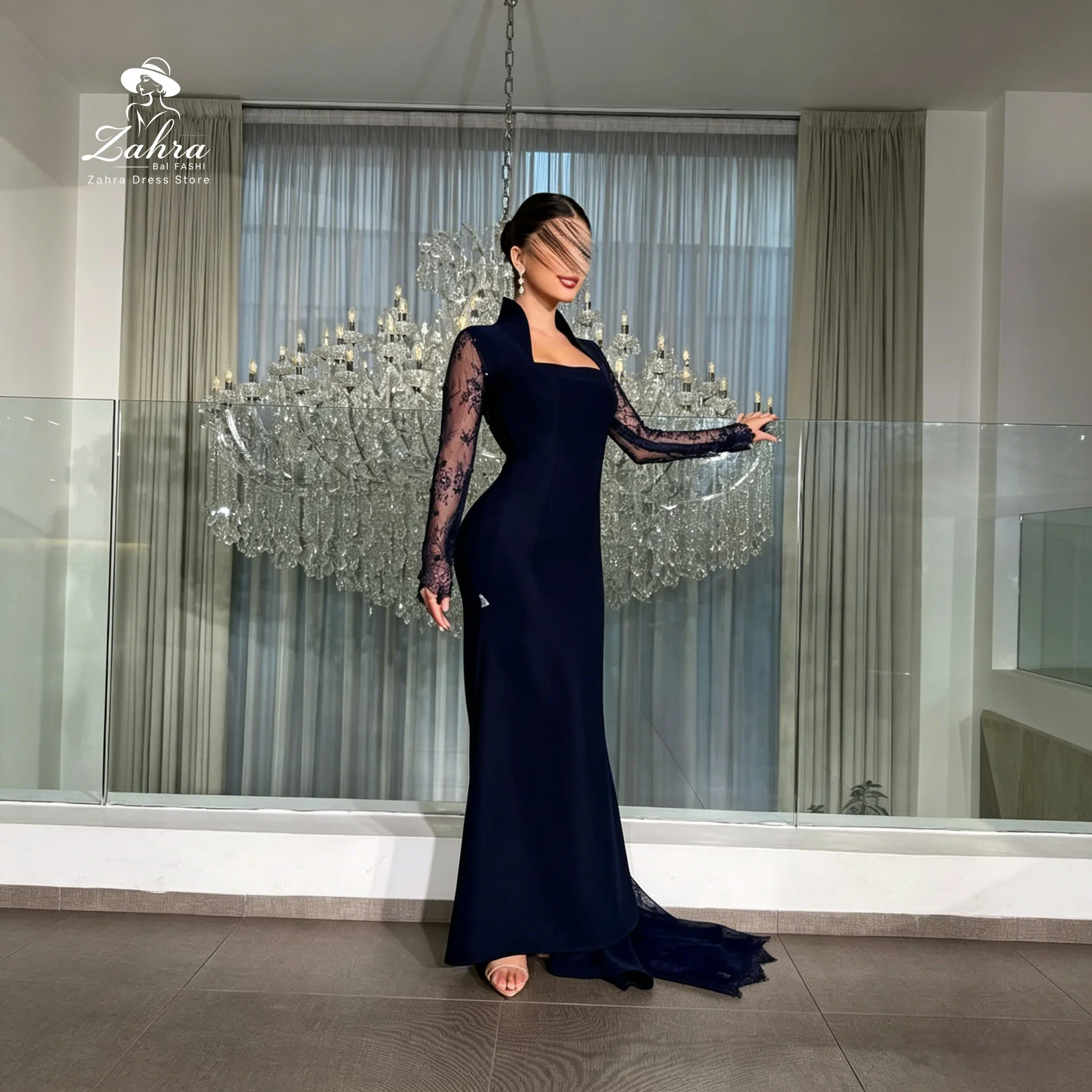 Dark Navy Lace Sleeve Evening Dresses, Sparkle Beaded Open Back High Slit Mermaid Formal Prom Dresses For Party Gowns
Dark Navy Lace Sleeve Evening Dresses, Sparkle Beaded Open Back High Slit Mermaid Formal Prom Dresses For Party Gowns