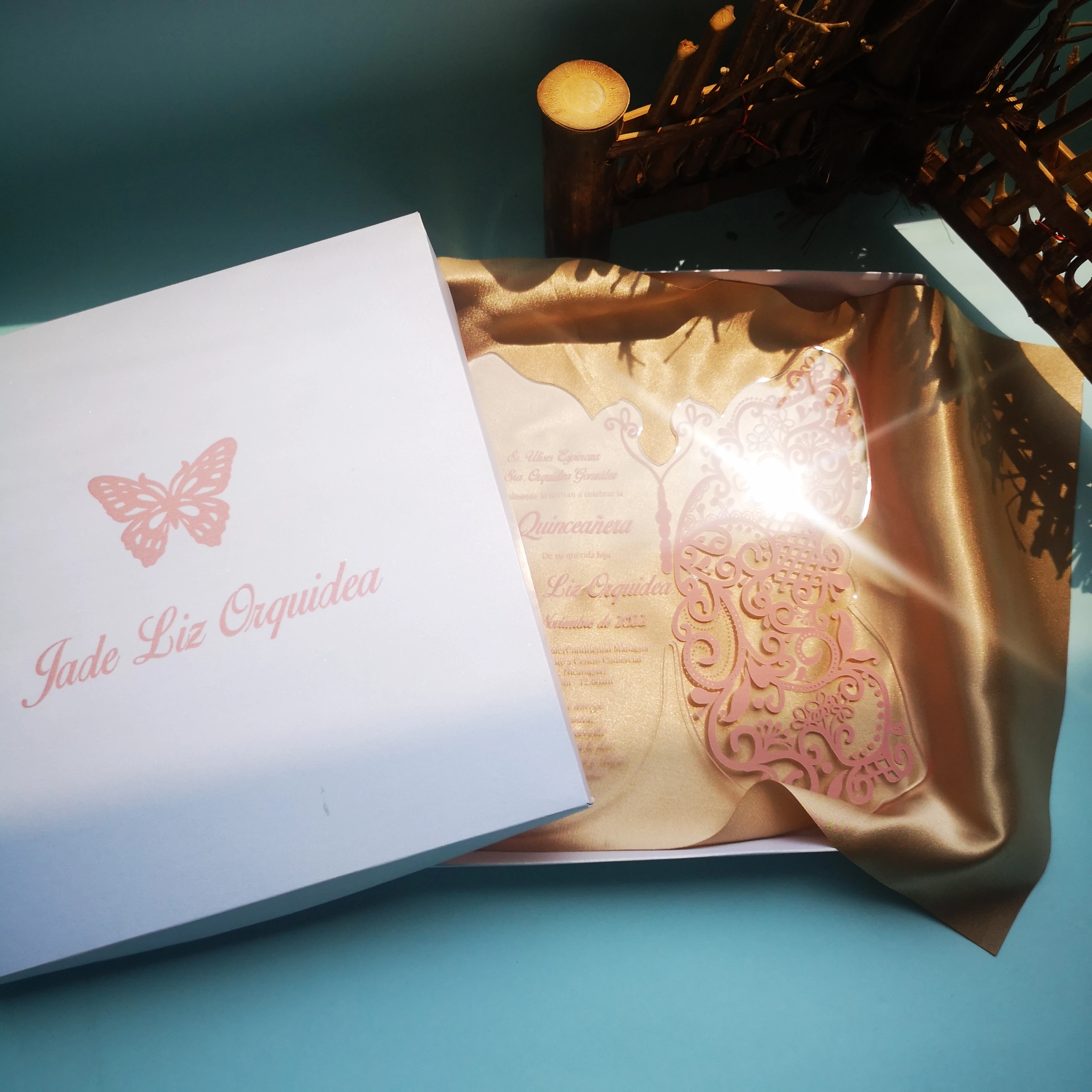 Creative Wedding Invitation Card, Laser Cut Acrylic Invitations, Floral Butterfly Design, Rose Gold Words
Creative Wedding Invitation Card, Laser Cut Acrylic Invitations, Floral Butterfly Design, Rose Gold Words