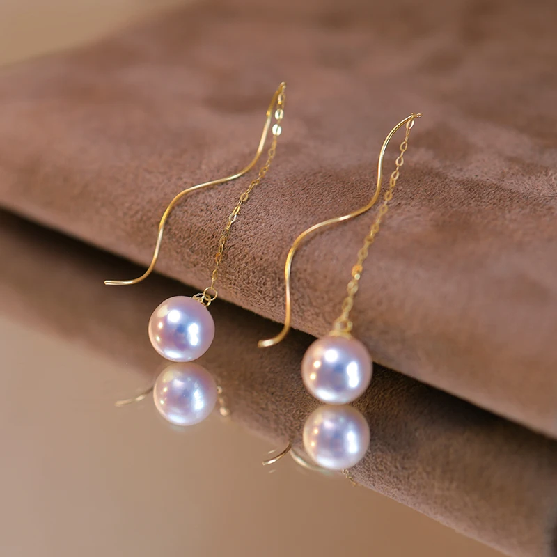 18K Gold Natural Akoya Pearl Earrings, Ultra-High Luster Perfectly Round Saltwater Pearls with Threader Earwires
18K Gold Natural Akoya Pearl Earrings, Ultra-High Luster Perfectly Round Saltwater Pearls with Threader Earwires
