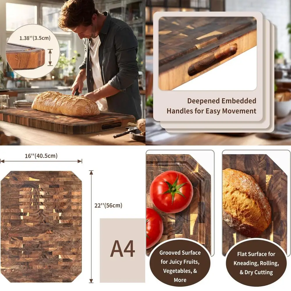 Reversible 22x16 End Grain Acacia Wood Chopping Board, 1.4 Thick, with Juice Groove & Handles for Meat, Veggie, and Cheese Cutti
Reversible 22x16 End Grain Acacia Wood Chopping Board, 1.4 Thick, with Juice Groove & Handles for Meat, Veggie, and Cheese Cutti