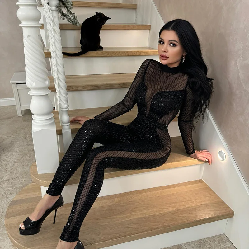 Women's Clothing Independent Station Grid Perspective Splicing Fashion Sequins Sexy Long-sleeved Trousers Onesie
Women's Clothing Independent Station Grid Perspective Splicing Fashion Sequins Sexy Long-sleeved Trousers Onesie