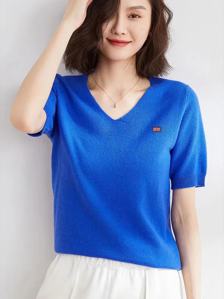 Women's Merinos Cashmere V-collar Short-Sleeved T Shirt Korean Jumpers Spring summer Wear Sweater Short-sleeved Wool Knitwear
Women's Merinos Cashmere V-collar Short-Sleeved T Shirt Korean Jumpers Spring summer Wear Sweater Short-sleeved Wool Knitwear