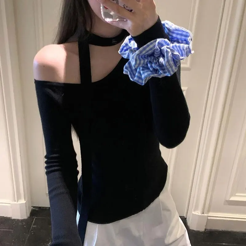 Fashionable Halter Ribbon Pullovers Female Clothing Solid Color Spring Autumn New Slim Skew Collar Off Shoulder Vintage T-shirts
Fashionable Halter Ribbon Pullovers Female Clothing Solid Color Spring Autumn New Slim Skew Collar Off Shoulder Vintage T-shirts