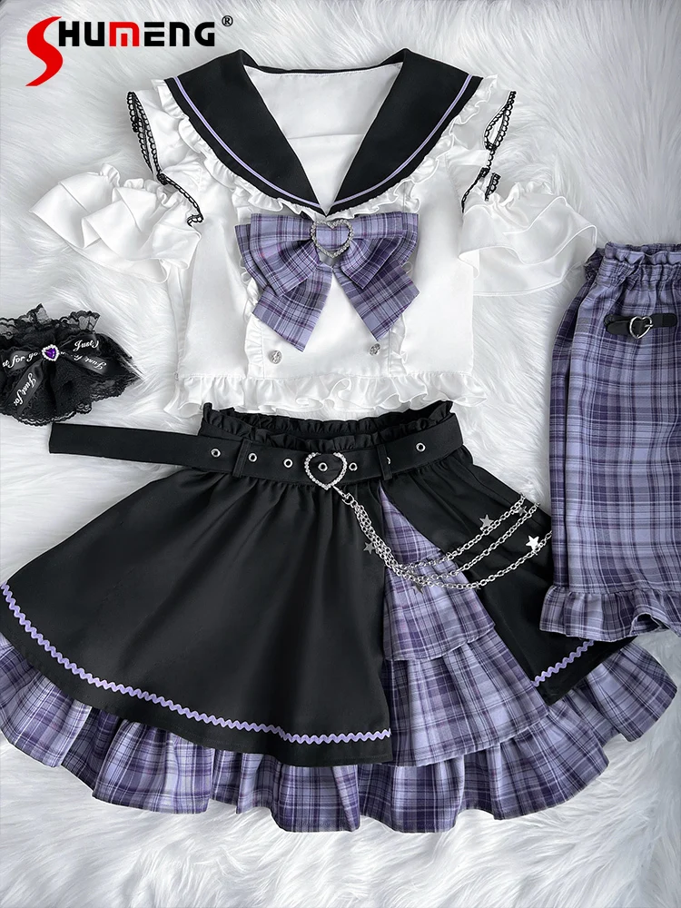 Japanese Sweet Preppy Style Navy Collar Bow Puff Sleeve Short Shirt High Waist Belt Slim A-line Skirt Two-piece Set Women Summer
Japanese Sweet Preppy Style Navy Collar Bow Puff Sleeve Short Shirt High Waist Belt Slim A-line Skirt Two-piece Set Women Summer