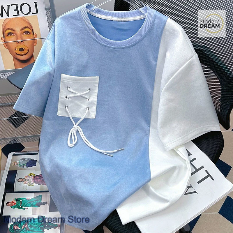 French plus-size design pocket tie rope short sleeve T-shirt women's summer new fashion design contrast color casual Joker top.
French plus-size design pocket tie rope short sleeve T-shirt women's summer new fashion design contrast color casual Joker top.