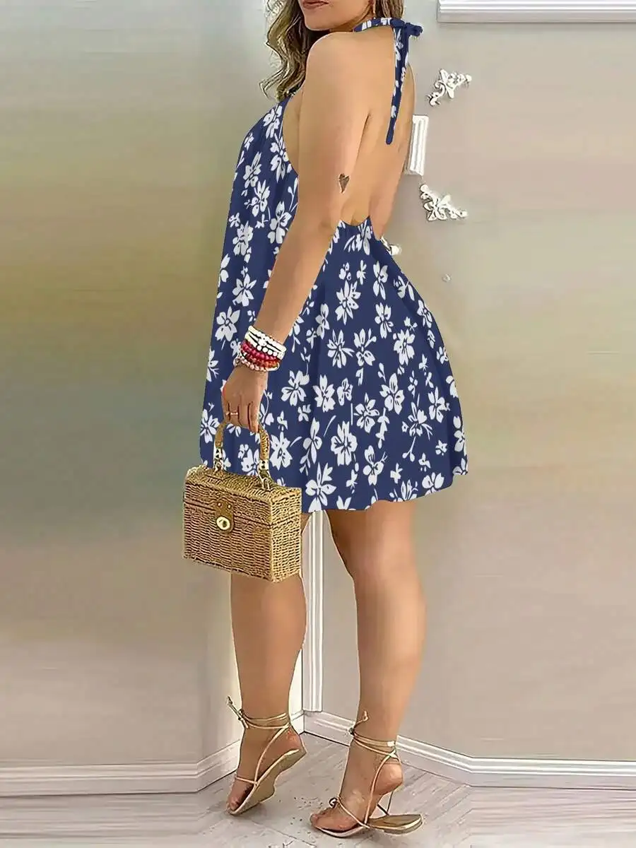 Women Backless Halter Dress Blue White Floral Print Loose Casual Vacation Dress
Women Backless Halter Dress Blue White Floral Print Loose Casual Vacation Dress