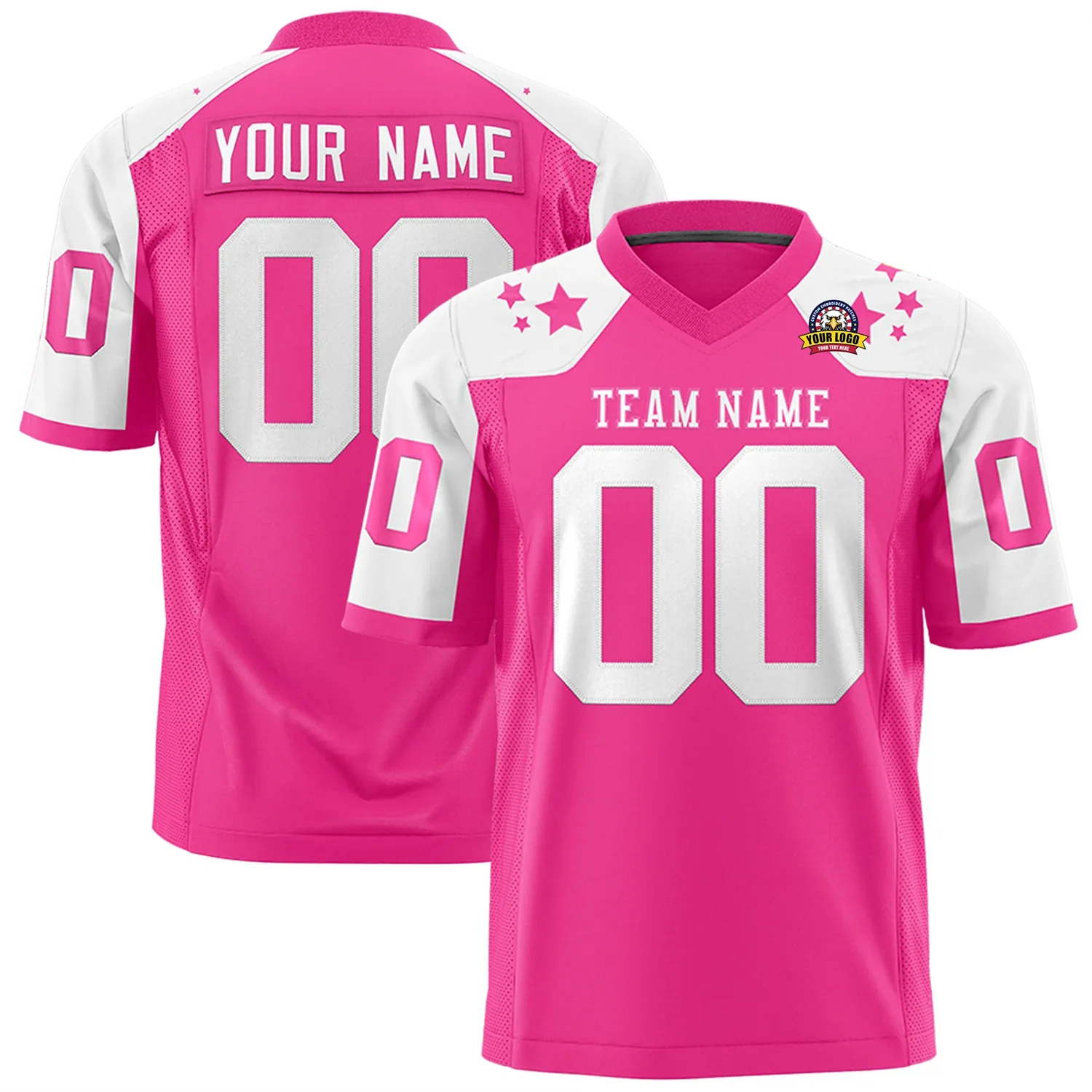 Custom Pink White Personalized Shoulder Star 3d Printed Football Jersey Summer Shirts Jersey Short Sleeves
Custom Pink White Personalized Shoulder Star 3d Printed Football Jersey Summer Shirts Jersey Short Sleeves