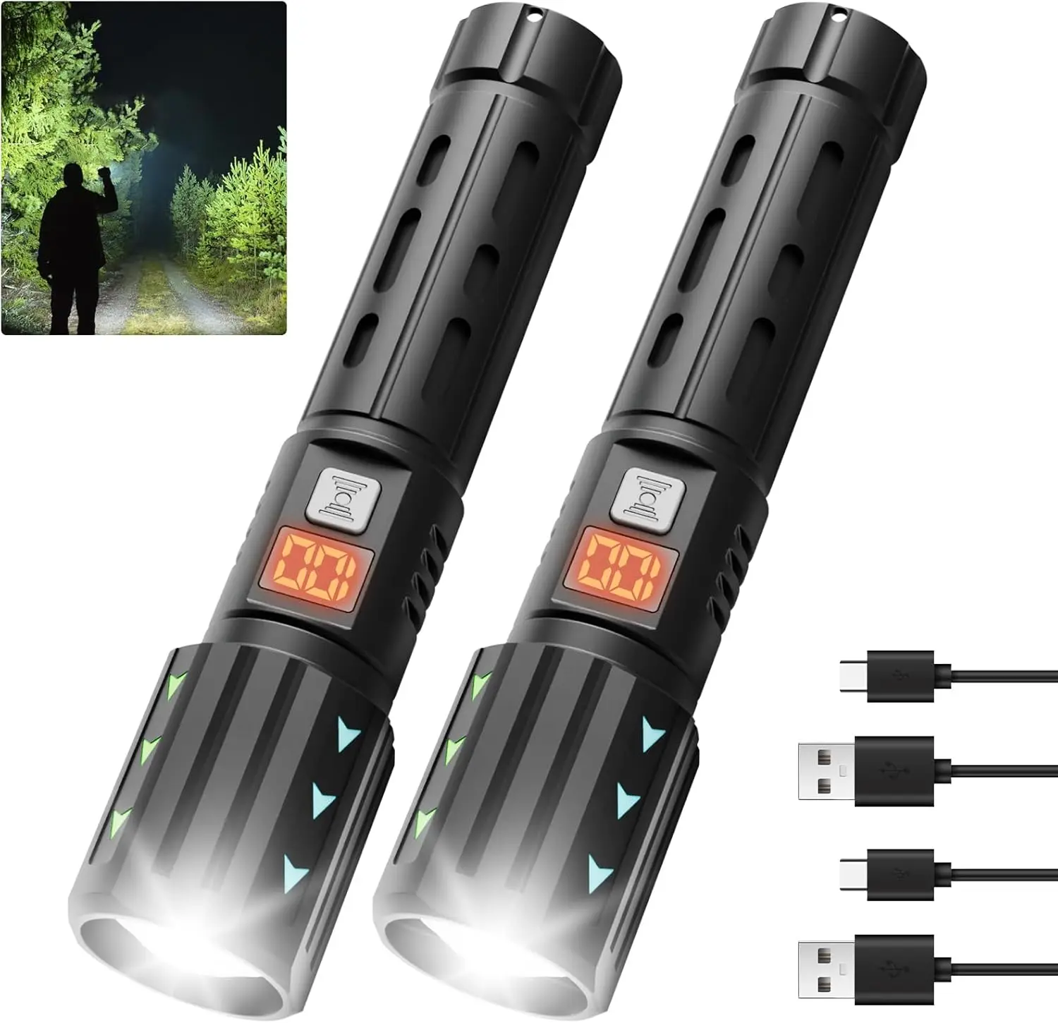 Rechargeable Flashlight with Side Light & Digital Display, Bright LED, 5 Modes, Waterproof for Emergency, Camping, Hiking (Black 2-Pack)
Rechargeable Flashlight with Side Light & Digital Display, Bright LED, 5 Modes, Waterproof for Emergency, Camping, Hiking (Black 2-Pack)