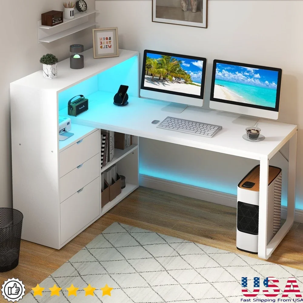 L-образный стол с розетками USB-портами Светодиодная подсветка и 3 ящиками, 3 полки Регулируемые ножки Идеальные игры в домашний офис 
L-образный стол с розетками USB-портами Светодиодная подсветка и 3 ящиками, 3 полки Регулируемые ножки Идеальные игры в домашний офис