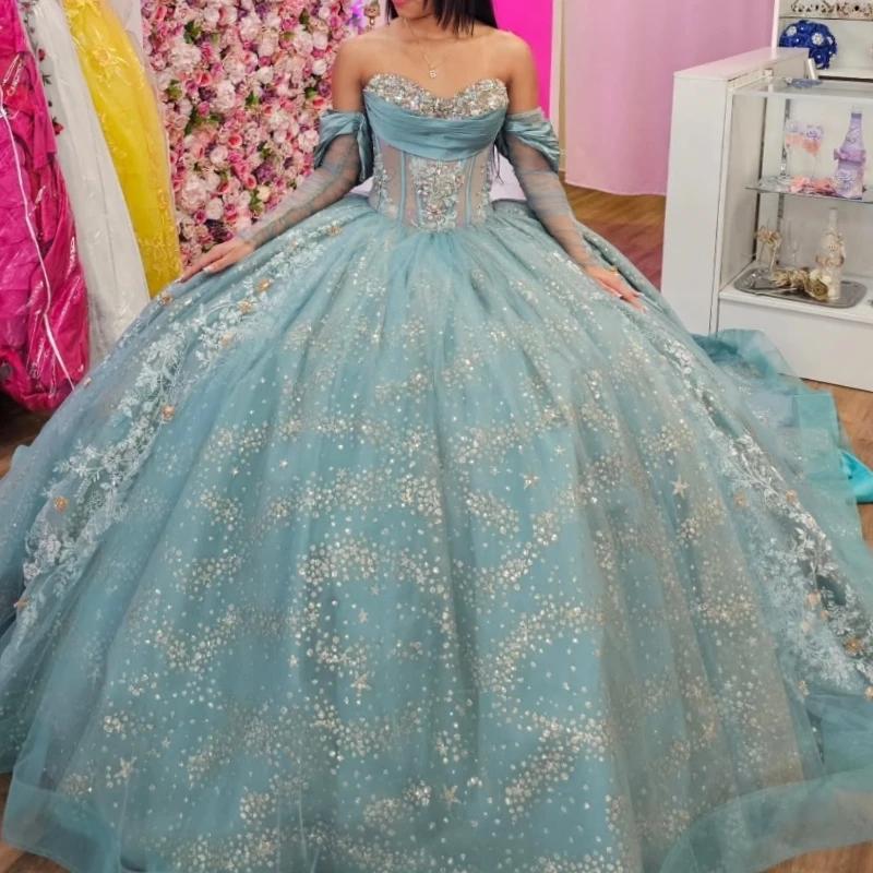 Water Blue Shiny Quinceanera Dresses Ball Gown Off Shoulder Applique Lace Beading Crystal Tull Corset Sweet 16 Dress Vestidos 15
Water Blue Shiny Quinceanera Dresses Ball Gown Off Shoulder Applique Lace Beading Crystal Tull Corset Sweet 16 Dress Vestidos 15