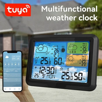 TUYA Weather Clock Indoor Outdoor Temperature And Humidity Detector Multi-Function Weather Station WIFI EU Plug