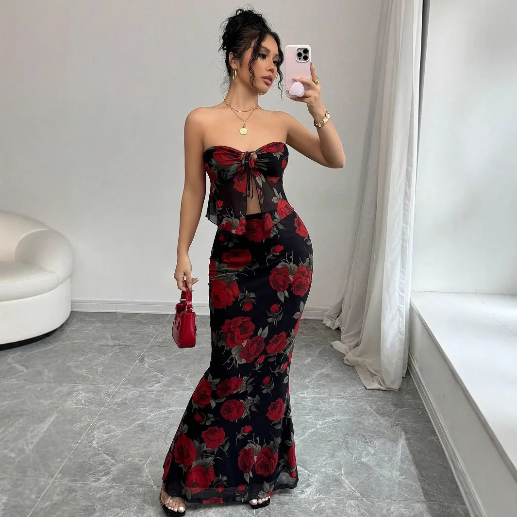 Women's Rose Print 2 Piece Set Strapless Sweetheart Crop Top High Waist Mermaid Skirt Stylish Lady Evening Party Prom Outfit
Women's Rose Print 2 Piece Set Strapless Sweetheart Crop Top High Waist Mermaid Skirt Stylish Lady Evening Party Prom Outfit