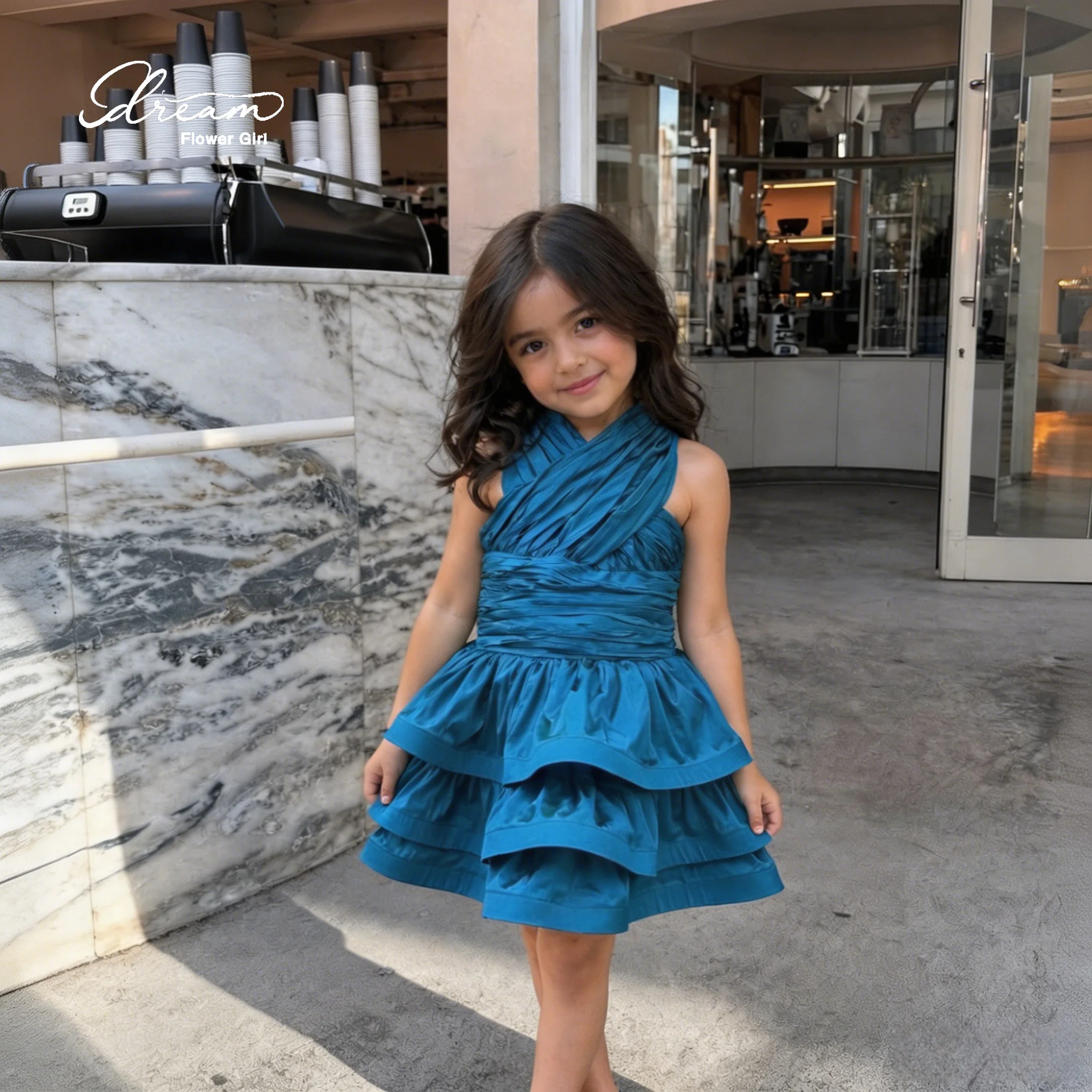 A cute and stylish blue satin halter-neck sleeveless knee-length formal party dress, featuring a layered lace skirt.
A cute and stylish blue satin halter-neck sleeveless knee-length formal party dress, featuring a layered lace skirt.