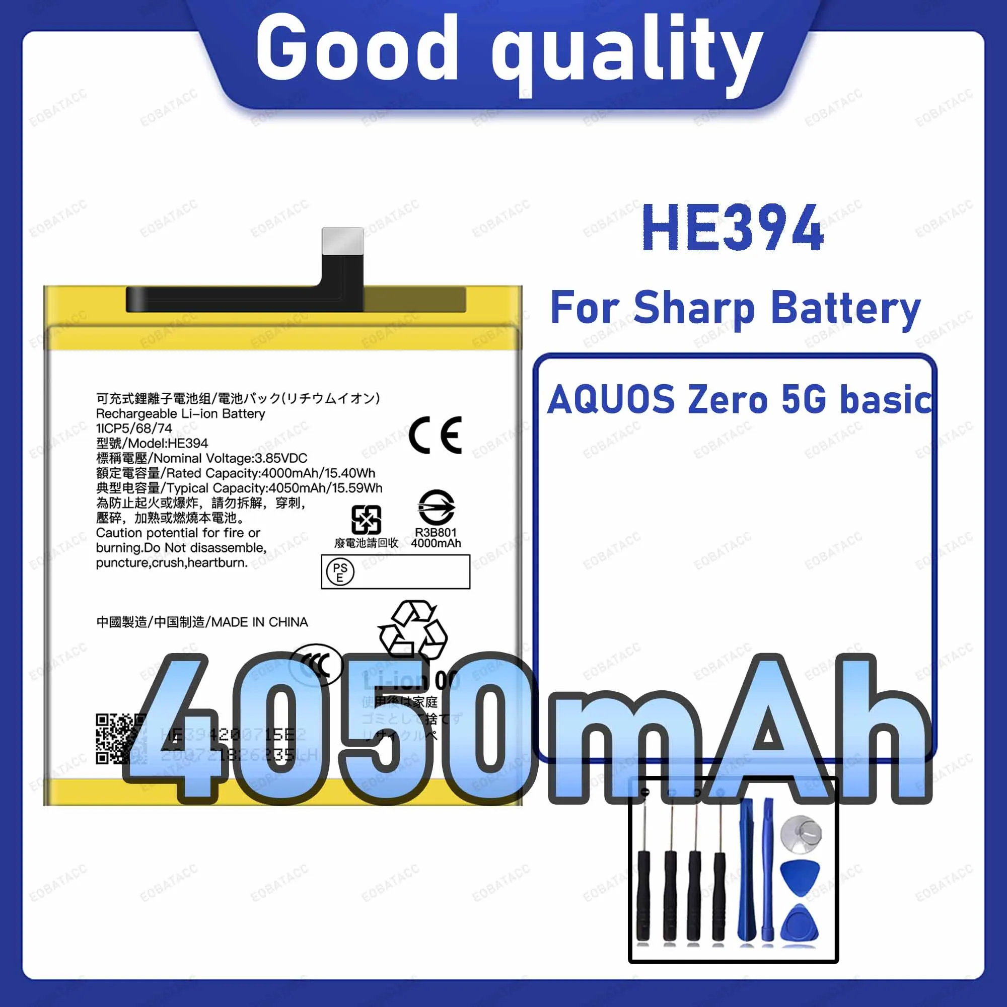 4050mAh HE394 Replacement Battery for Sharp AQUOS Zero 5G basic with Repair Tools Kit
4050mAh HE394 Replacement Battery for Sharp AQUOS Zero 5G basic with Repair Tools Kit