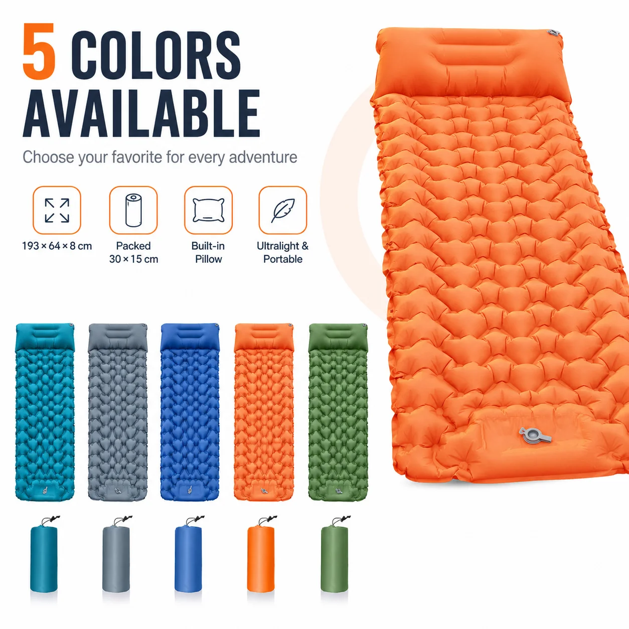 Outdoor Inflatable Sleeping Pad 193x64cm Camping Air Mattress with Pillow Compact Lightweight Waterproof Travel Mat for Hiking
Outdoor Inflatable Sleeping Pad 193x64cm Camping Air Mattress with Pillow Compact Lightweight Waterproof Travel Mat for Hiking