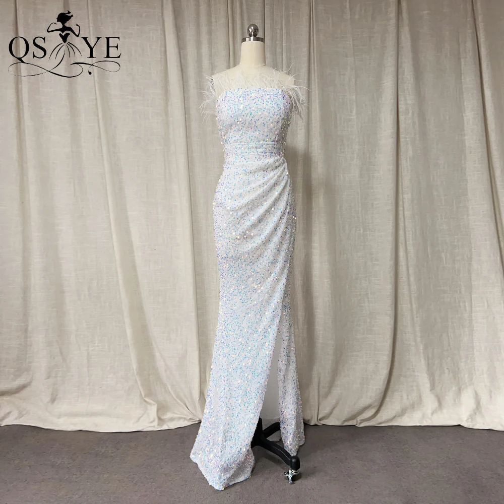 Sparkle Sequin White Prom Dresses Ostrich Hair Neck Strapless Long Princess Gown Party Open Split Ruched Slim Fit Evening Gown
Sparkle Sequin White Prom Dresses Ostrich Hair Neck Strapless Long Princess Gown Party Open Split Ruched Slim Fit Evening Gown