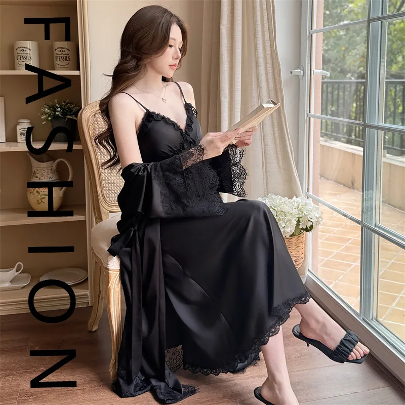 French ice silk pajamas women's spring and autumn v-neck dress robe two-piece set of pure desire sexy back nightdress with chest
French ice silk pajamas women's spring and autumn v-neck dress robe two-piece set of pure desire sexy back nightdress with chest