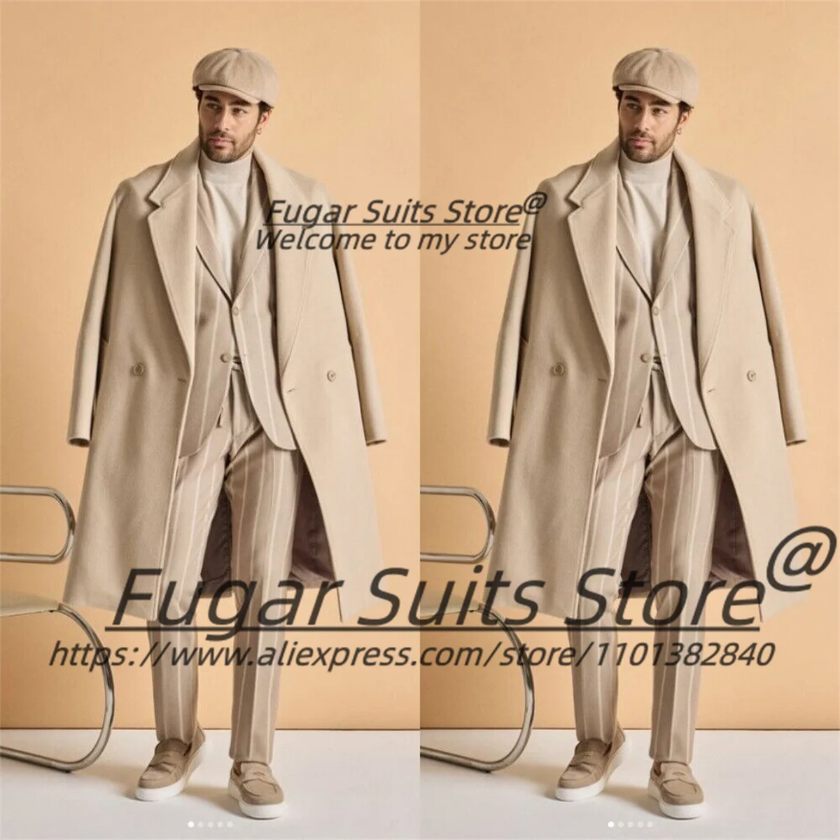 Khaki Stripe Business Men Suits Winter Long Overcoat Groom Formal Tuxedos 3 Pieces Sets Classic Male Blazers trajes para hombre
Khaki Stripe Business Men Suits Winter Long Overcoat Groom Formal Tuxedos 3 Pieces Sets Classic Male Blazers trajes para hombre