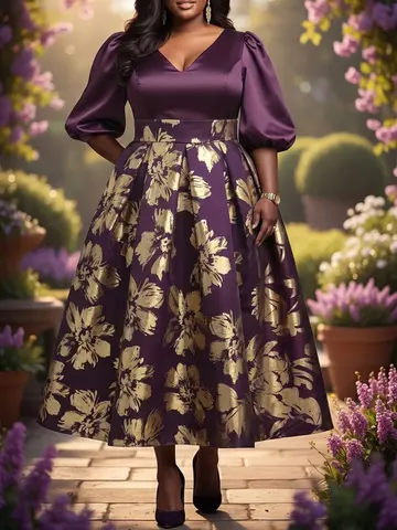Robe midi élégante à imprimé floral, col en V, manches bouffantes mi-longues, coupe évasée, pour femme grande taille, idéale pour les occasions formelles et les invités de mariage