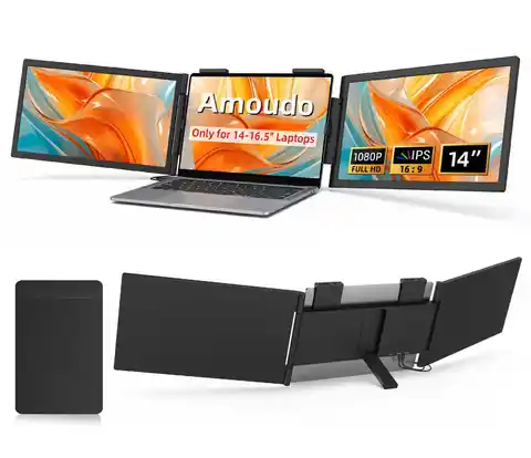 Amoudo14 Inch Dual Portable Monitor 1920*1080P IPS Portable Triple Monitor with USB-C Port for 14-16.5" Laptops Windows/Mac Xbox