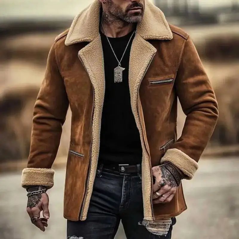2026 Men's Vintage Suede Shearling Coat, Fleece Lined Mid-Length Jacket With Zipper Pockets, Reverse Collar, And Warm Wool Fur
2026 Men's Vintage Suede Shearling Coat, Fleece Lined Mid-Length Jacket With Zipper Pockets, Reverse Collar, And Warm Wool Fur