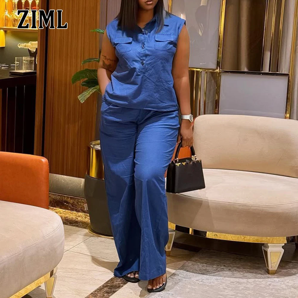 ZIML Solid Two Piece Sets for Women Lapel Sleeveless Spliced Button Shirt High Waist Loose Long Pants Minimalist Set Female New
ZIML Solid Two Piece Sets for Women Lapel Sleeveless Spliced Button Shirt High Waist Loose Long Pants Minimalist Set Female New