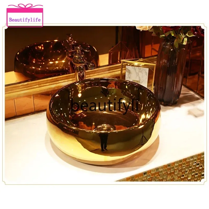 YL European bathroom wash basin gold-plated table gold and silver basin ceramic
YL European bathroom wash basin gold-plated table gold and silver basin ceramic