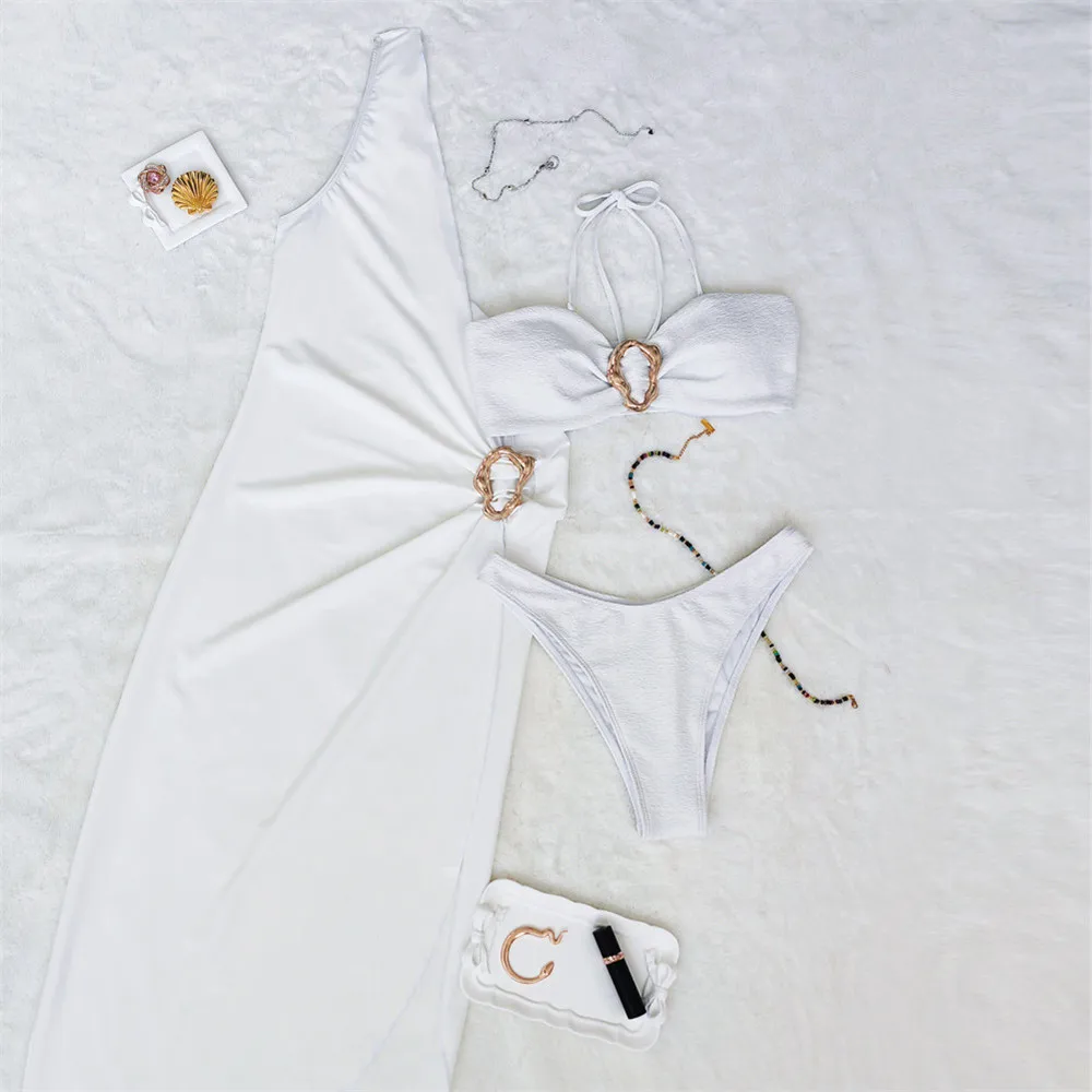 Solid White Metal Ring Swimwear 3 Piece Bikini Set Long Dresses Cover Up Sexy Swimsuit Women 2025 Bandeau Bikinis Beachwear
Solid White Metal Ring Swimwear 3 Piece Bikini Set Long Dresses Cover Up Sexy Swimsuit Women 2025 Bandeau Bikinis Beachwear
