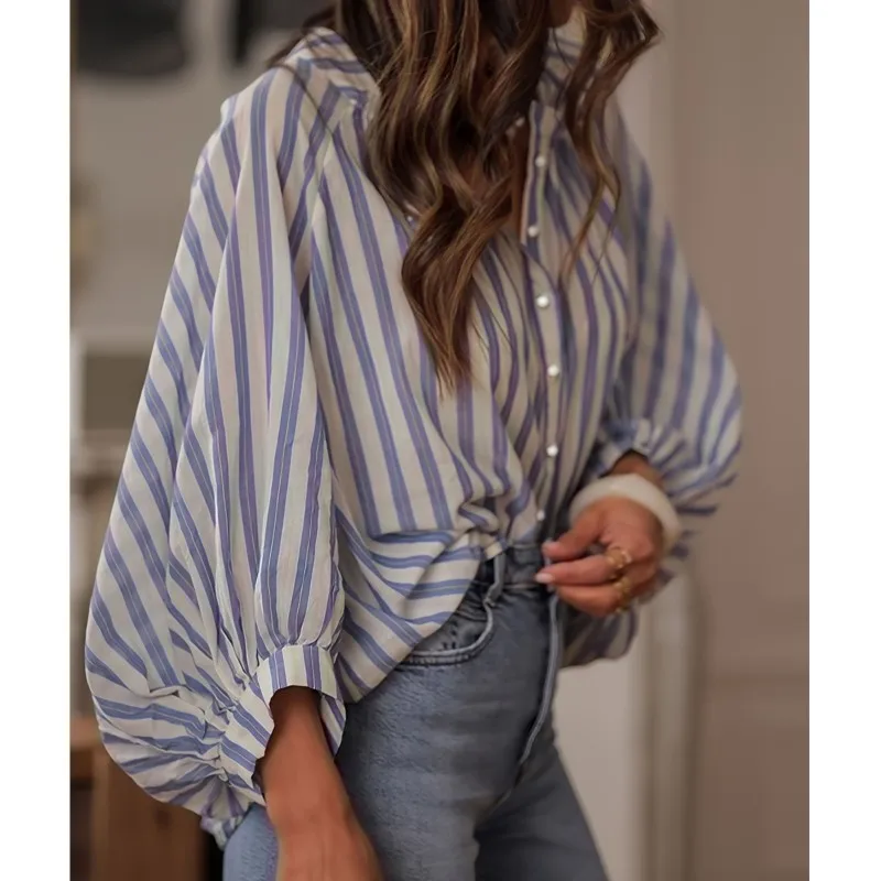 Blue White Striped Puff Sleeve Blouse Women Casual Loose Button Down Shirt 2026 Spring Summer Elegant Office Holiday Fashion Top
Blue White Striped Puff Sleeve Blouse Women Casual Loose Button Down Shirt 2026 Spring Summer Elegant Office Holiday Fashion Top