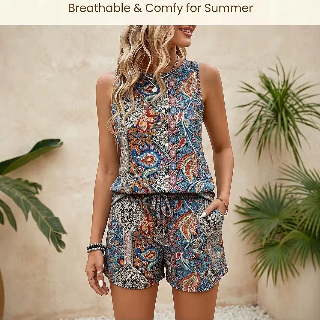 Women's Bohemian Print Two Piece Set Sleeveless Vest Top with Shorts Summer Matching Vacation Outfit
Women's Bohemian Print Two Piece Set Sleeveless Vest Top with Shorts Summer Matching Vacation Outfit