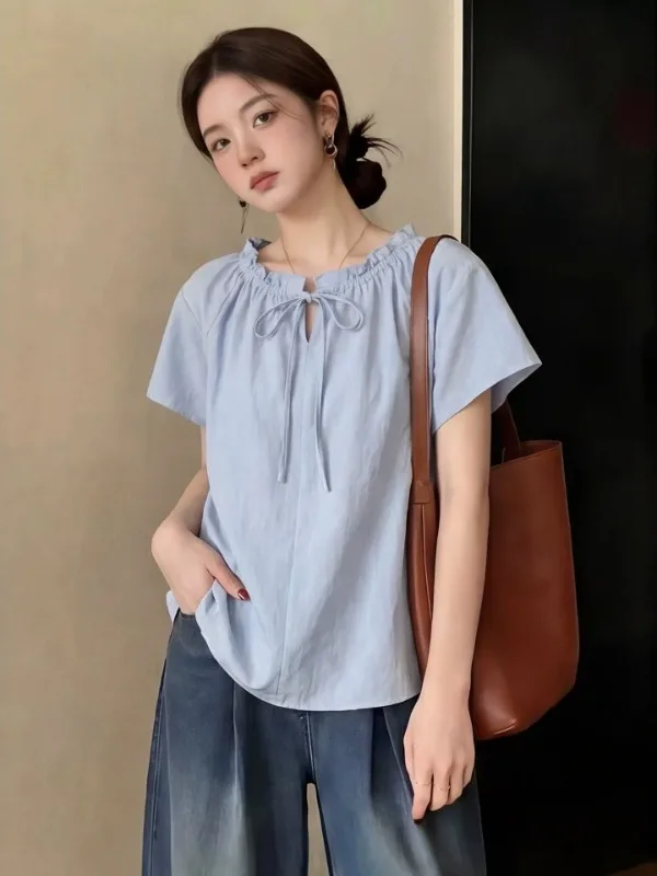 Tie-Detail Thin Shirt Women's Short Sleeve Earlet Collar Summer Korean Style Age-Defying Slimming Commute-Friendly Cotton Blouse
Tie-Detail Thin Shirt Women's Short Sleeve Earlet Collar Summer Korean Style Age-Defying Slimming Commute-Friendly Cotton Blouse