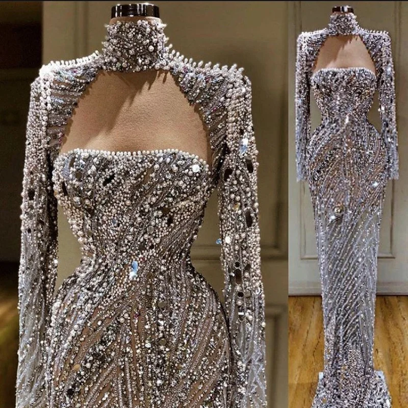 Luxurious Bespoke Trumpet Formal Prom Gowns Stand Collar Rhinestone Beaded Crystal Evening Dress for Special Occasion Customized
Luxurious Bespoke Trumpet Formal Prom Gowns Stand Collar Rhinestone Beaded Crystal Evening Dress for Special Occasion Customized