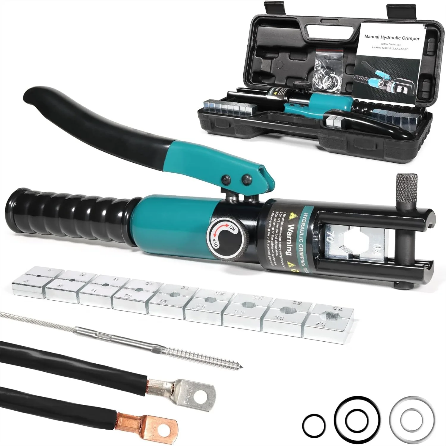 10-Ton Hydraulic Crimping Tool with 9 Dies - Battery Cable & Wire Rope Crimper for 12-2/0 AWG, 1/16"-3/16" Rope - Rotating Head
10-Ton Hydraulic Crimping Tool with 9 Dies - Battery Cable & Wire Rope Crimper for 12-2/0 AWG, 1/16"-3/16" Rope - Rotating Head