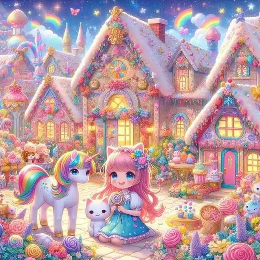 Dreamy Pastel Candy Village Jigsaw Puzzle, Cute Girl Holding Lollipop Sweet Fantasy Landscape Art for Home Decor
Dreamy Pastel Candy Village Jigsaw Puzzle, Cute Girl Holding Lollipop Sweet Fantasy Landscape Art for Home Decor