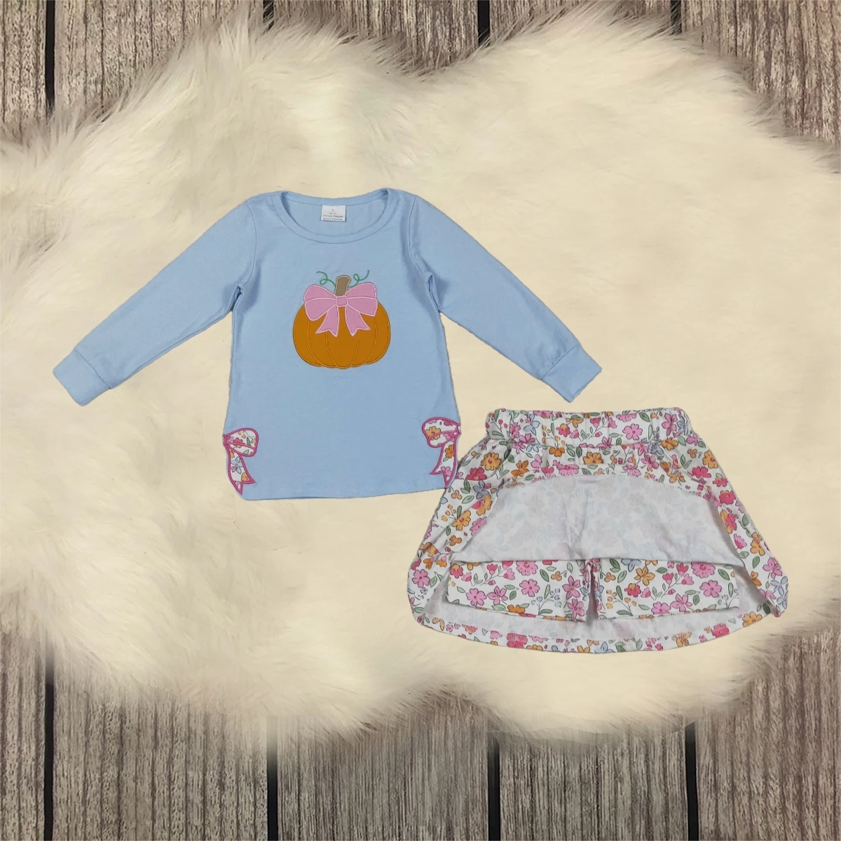Toddler Thanksgiving Set Girl Blue Long Sleeve Embroidery Pumpkin Floral Skirt Skort Outfit Children Baby Kids Clothes Wholesale
Toddler Thanksgiving Set Girl Blue Long Sleeve Embroidery Pumpkin Floral Skirt Skort Outfit Children Baby Kids Clothes Wholesale