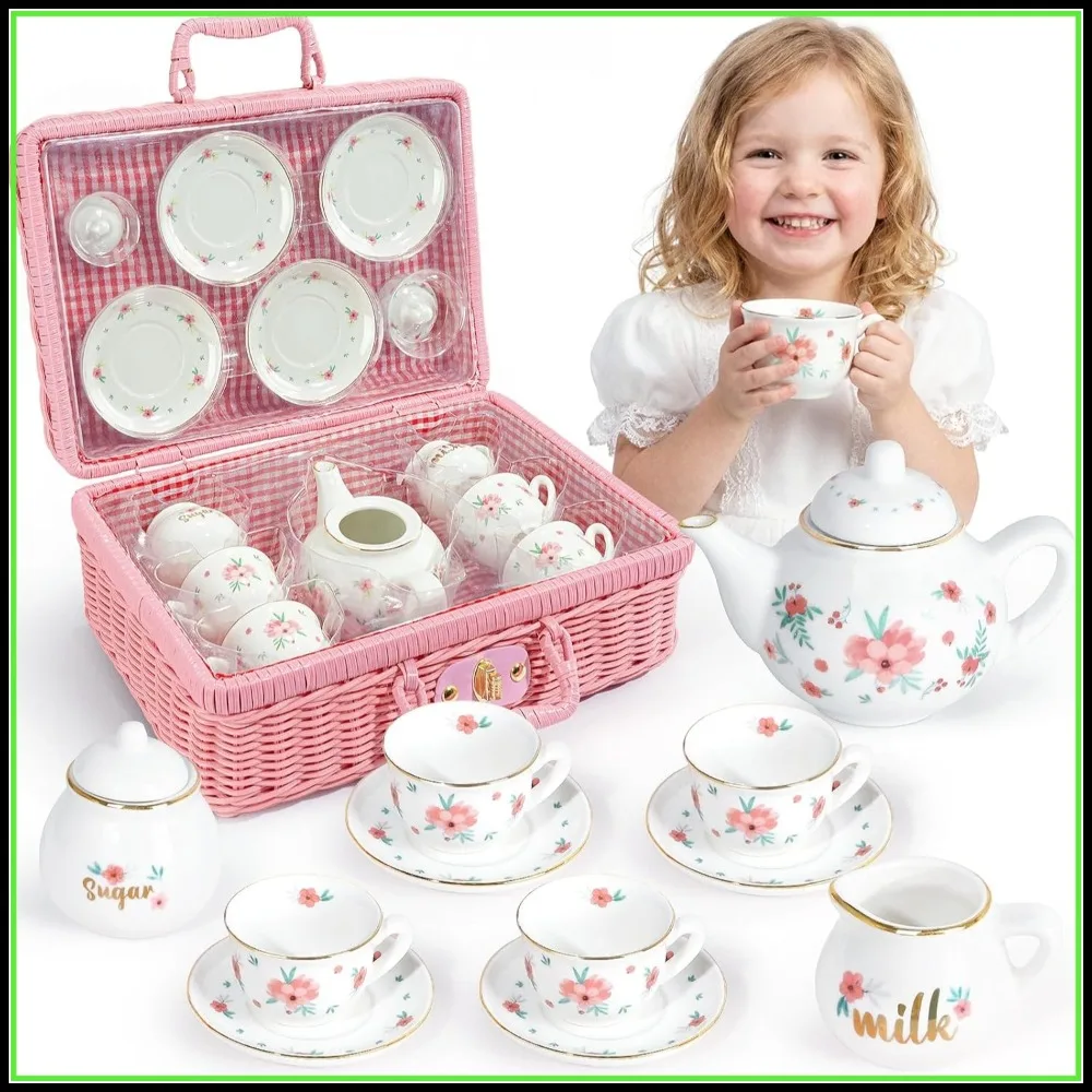 Porcelain Tea Set for Kids, Pink Floral Teapot Cups Saucers Carry Case, Pretend Play Toys for Girls Age 3-8
Porcelain Tea Set for Kids, Pink Floral Teapot Cups Saucers Carry Case, Pretend Play Toys for Girls Age 3-8