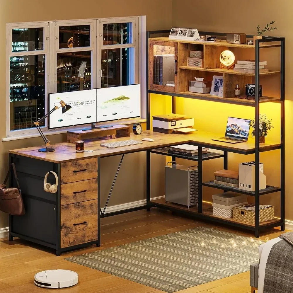 L Shaped Computer Desk, 58'' Office Desk with 3 Drawers and Bookshelf, L Shaped Corner Desk with Storage Shelves and LED Light
L Shaped Computer Desk, 58'' Office Desk with 3 Drawers and Bookshelf, L Shaped Corner Desk with Storage Shelves and LED Light