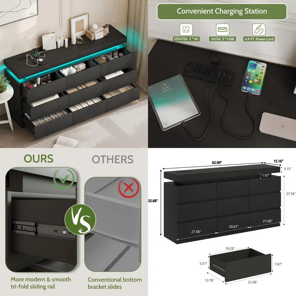 contemporary 9-drawer black dresser with led lighting and power outlet
contemporary 9-drawer black dresser with led lighting and power outlet